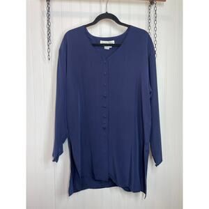 Vintage Diane Von Furstenberg Navy Blue 100% Silk V-Neck Tunic Top Office Size M